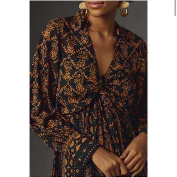 NWT Farm Rio Long-Sleeve V-Neck Printed Tie-Front Midi Dress SIZE XXS - Picture 3 of 8